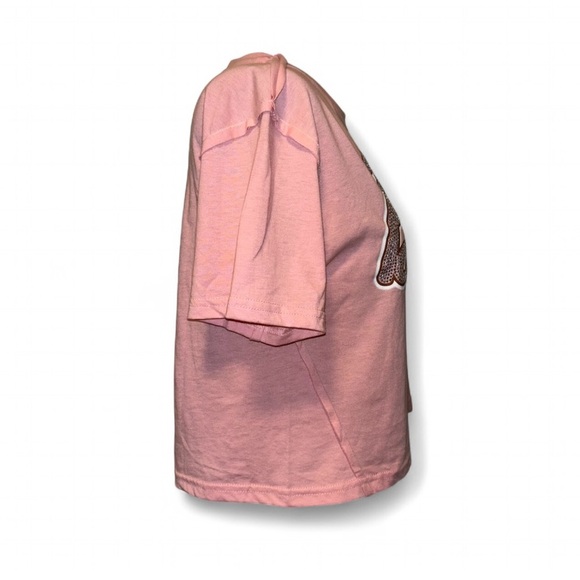 Barbie | Silver Rhinestone Logo Crop Tee | Pink Raw Seam T-Shirt | Size S - Picture 2 of 7